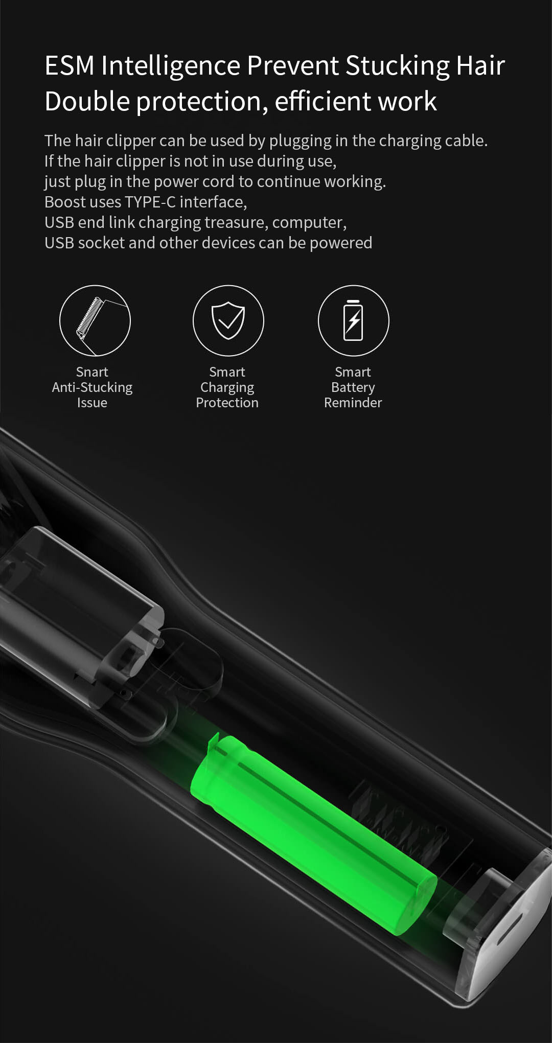 ESM Intelligence prevent stucking hair double protection, effcient work
